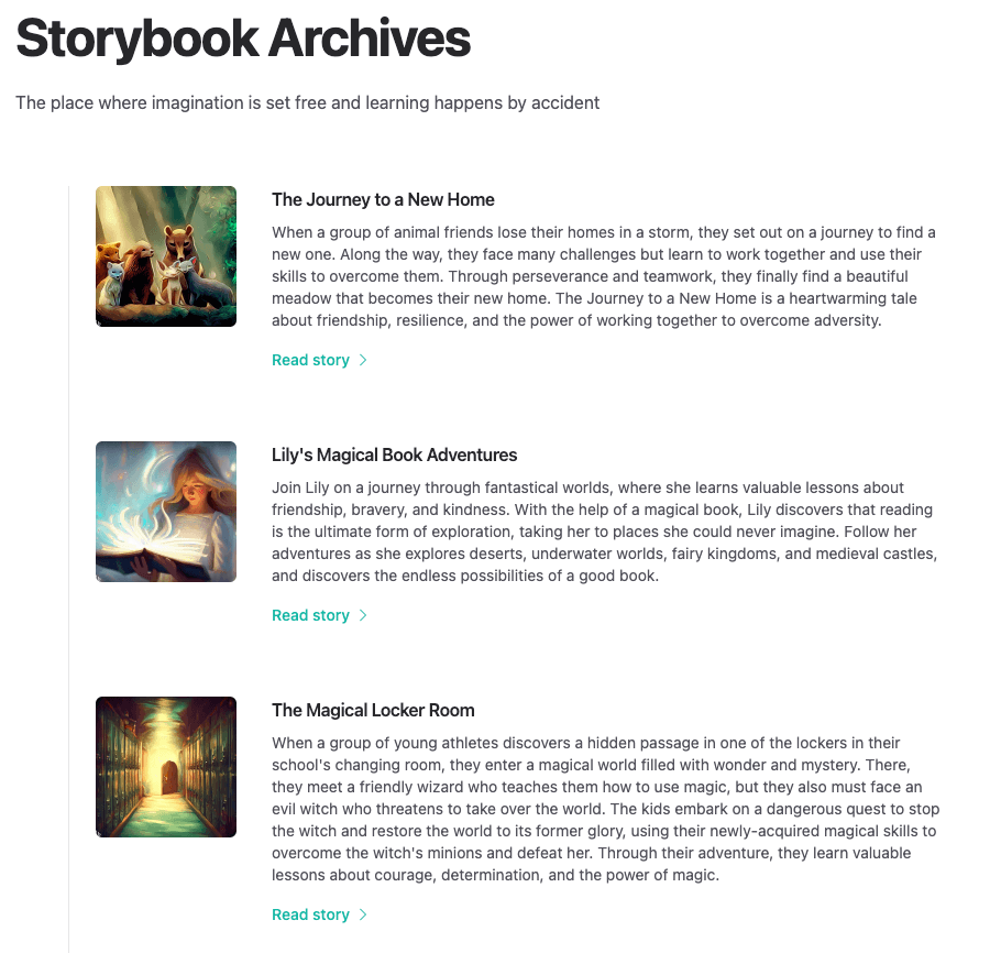 Screenshot of storybook archives